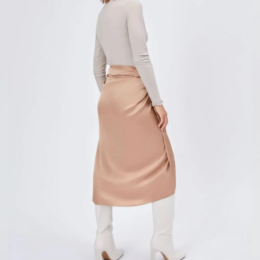 Satin Tie Front Slit Midi Skirt - Khaki - Picture 8 of 8